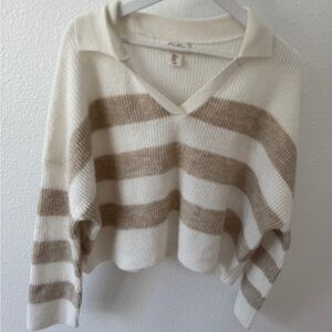 Striped V-Neck Sweater in Cream and Brown